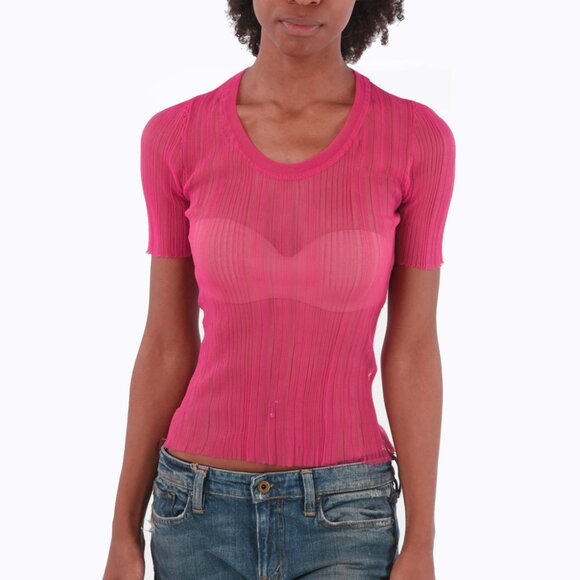 Opening Ceremony Sheer Ribbed Pink Top Half Sleeve See Through Mesh Shirt Small - Picture 1 of 9